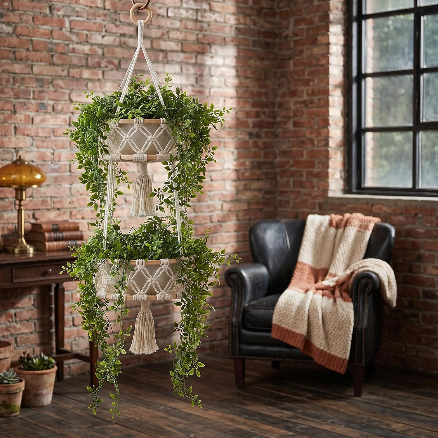 2 Tier Macrame Hanging Fruit Basket for Kitchen, Boho Cotton Produce Storage Organizer with Hook, 26x9.8 Inch Natural Fruit Basket Hanging for Living Room, Home Decor, Housewarming Gift