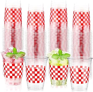 100 Pcs 16 oz Red and White Checkered Plastic Cups Bulk Disposable Buffalo Plaid Plastic Cups Red and White Check Party Container Decorative Holiday Party Container for Birthday Supplies