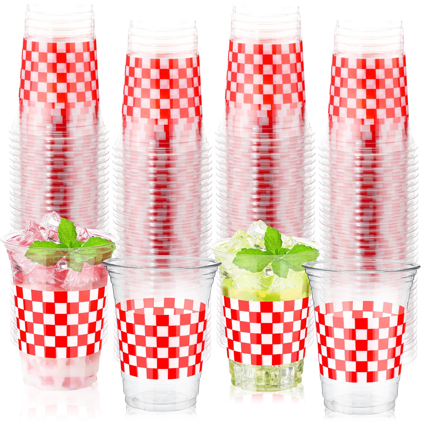 Tiangrid 100 Pcs 16 oz Red and White Checkered Plastic Cups Bulk Disposable Buffalo Plaid Plastic Cups Red and White Check Party Container Decorative