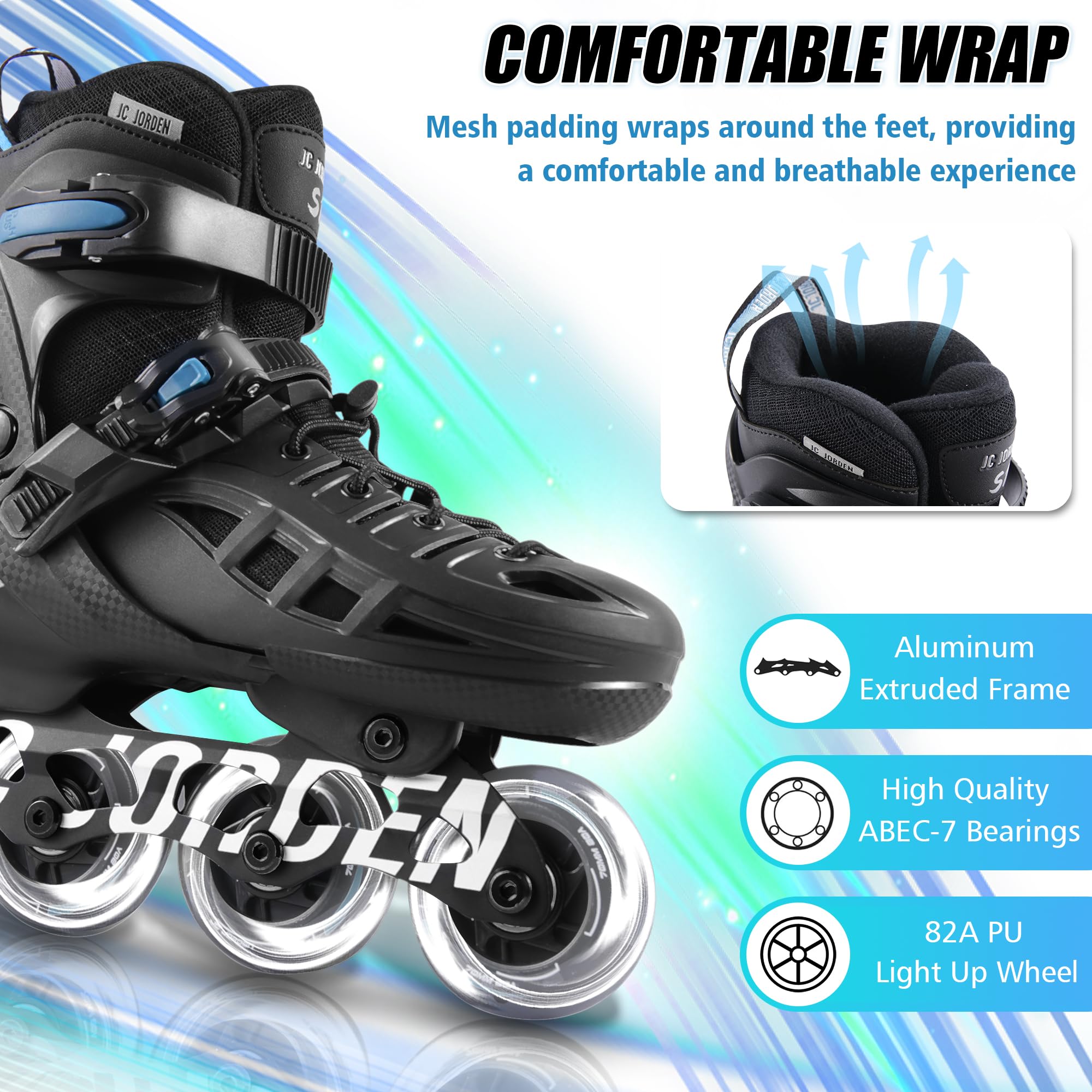 JC JORDEN Inline Skates for Kids Girls and Boys, 4 Sizes Adjustable Roller Skates with Full Light Up Wheels for Women Men, Durable Outer Shell, Roller Skates 4-12 Adults
