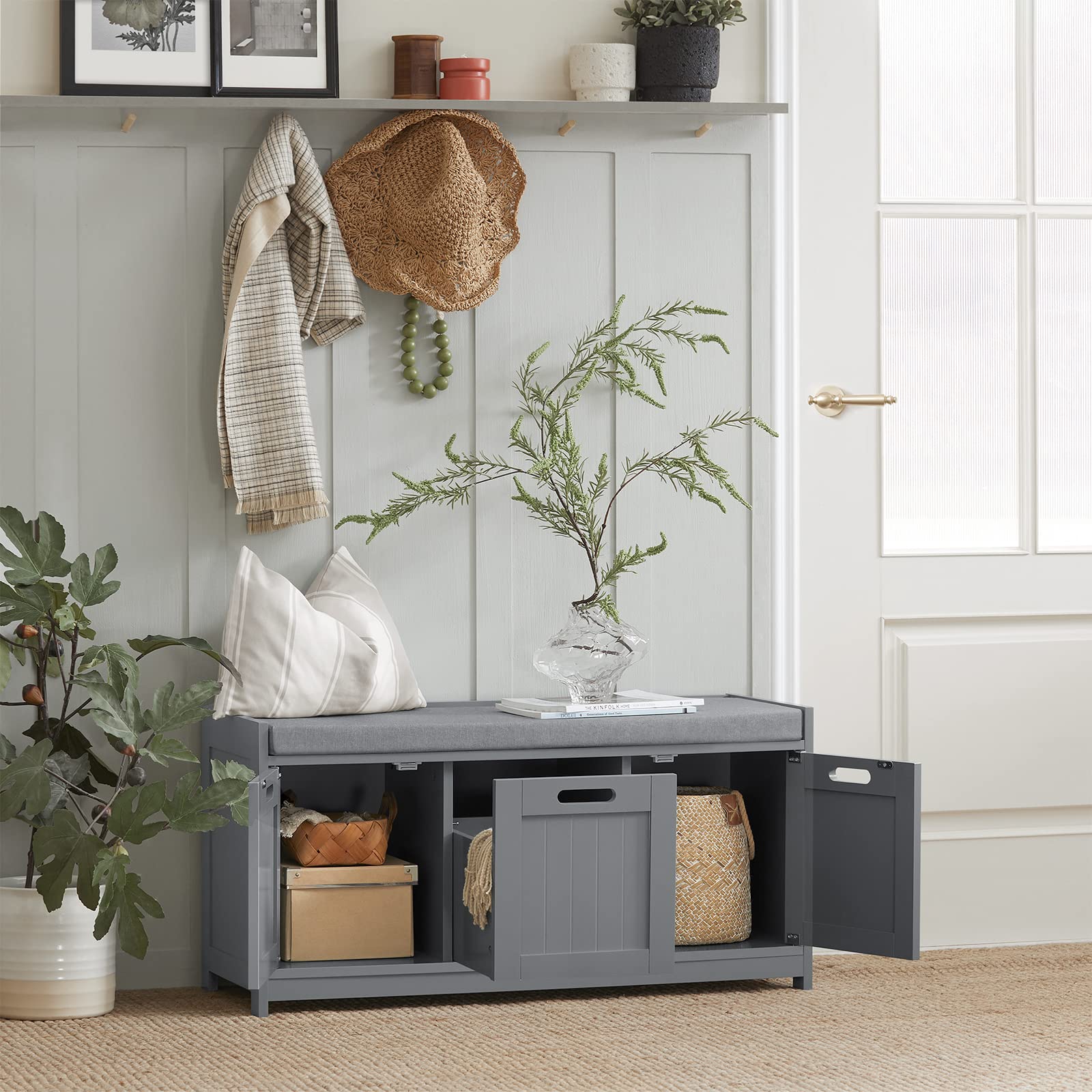 SoBuy Panca Scarpiera da Ingresso con Seduta - Cassapanca Contenitore - Cassetto e 2 Armadietti per Corridoio e Camera - Mobile Ingresso Salvaspazio Grigio 90x45x35cm 120kg FSR80-SG