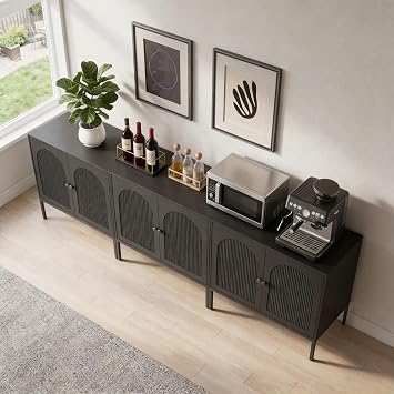 Yechen Set of 3 Black Sideboard Cabinet, 94.5" Extra Wide Buffet Cabinet, Large Modular Storage Credenza with Arched Fluted Doors, 2-Door Accent Cabinet for Hallway Office