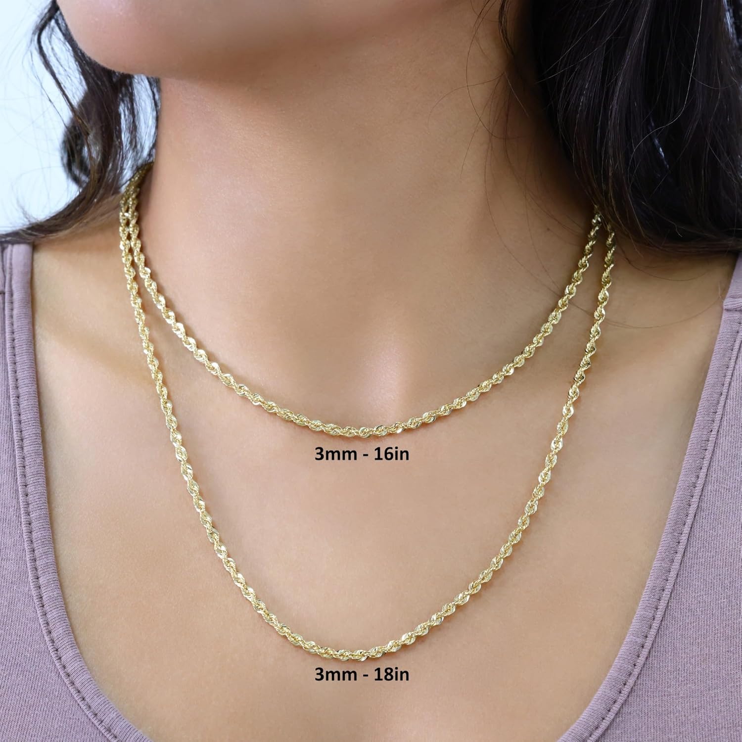 Nuragold 10k Real Yellow Gold 3mm Rope Chain Diamond Cut Lightweight Necklace (16"-30") Italian Jewelry for Men & Women