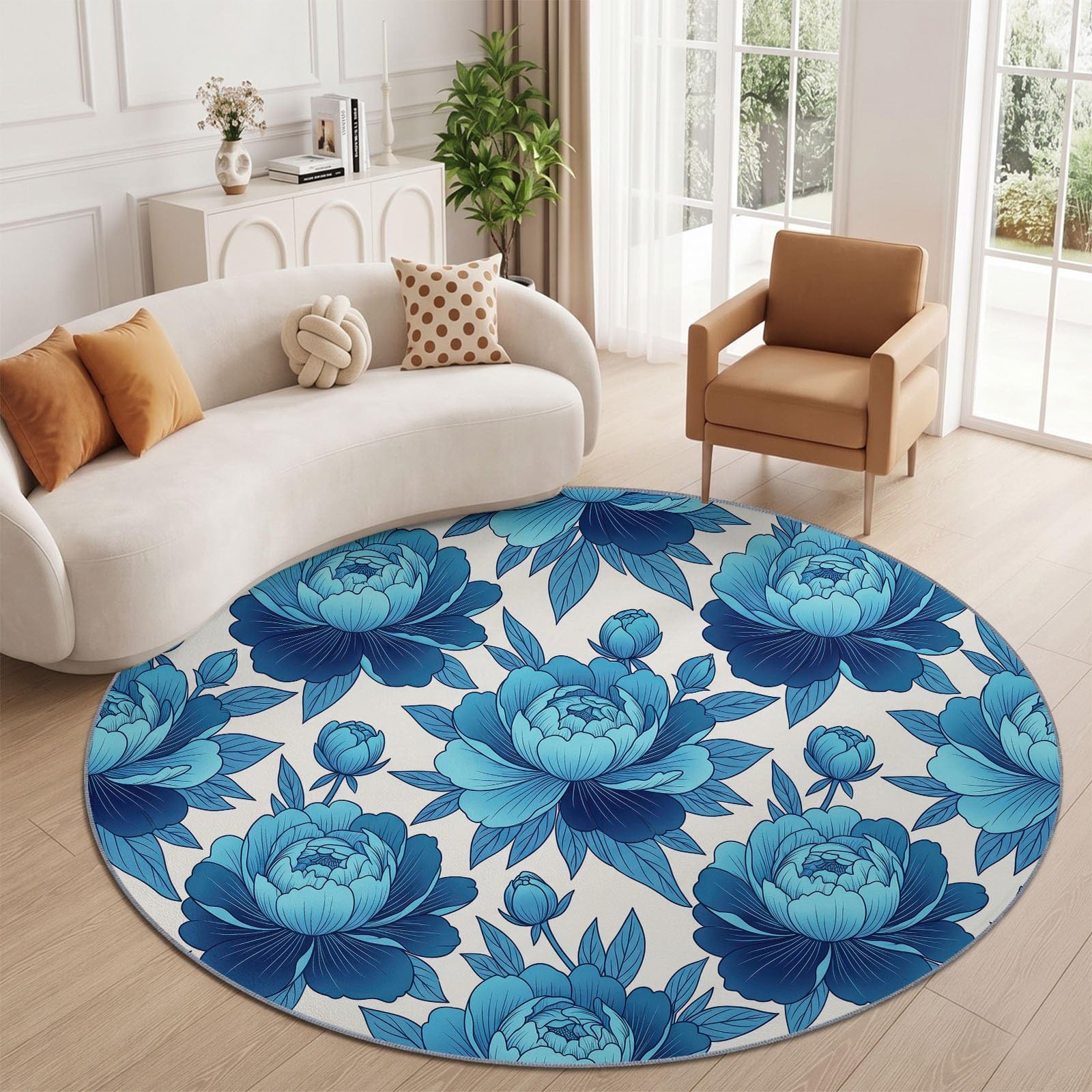 Tapis Rond Francais Campagne 120 cm, Pivoine Fleurs Feuilles Boutons Lavable en Machine pour Salon, Bleu Blanc Antidérapant, Poil Court Tapis Rond Imprimé pour Chambre d’Enfant Nurserie