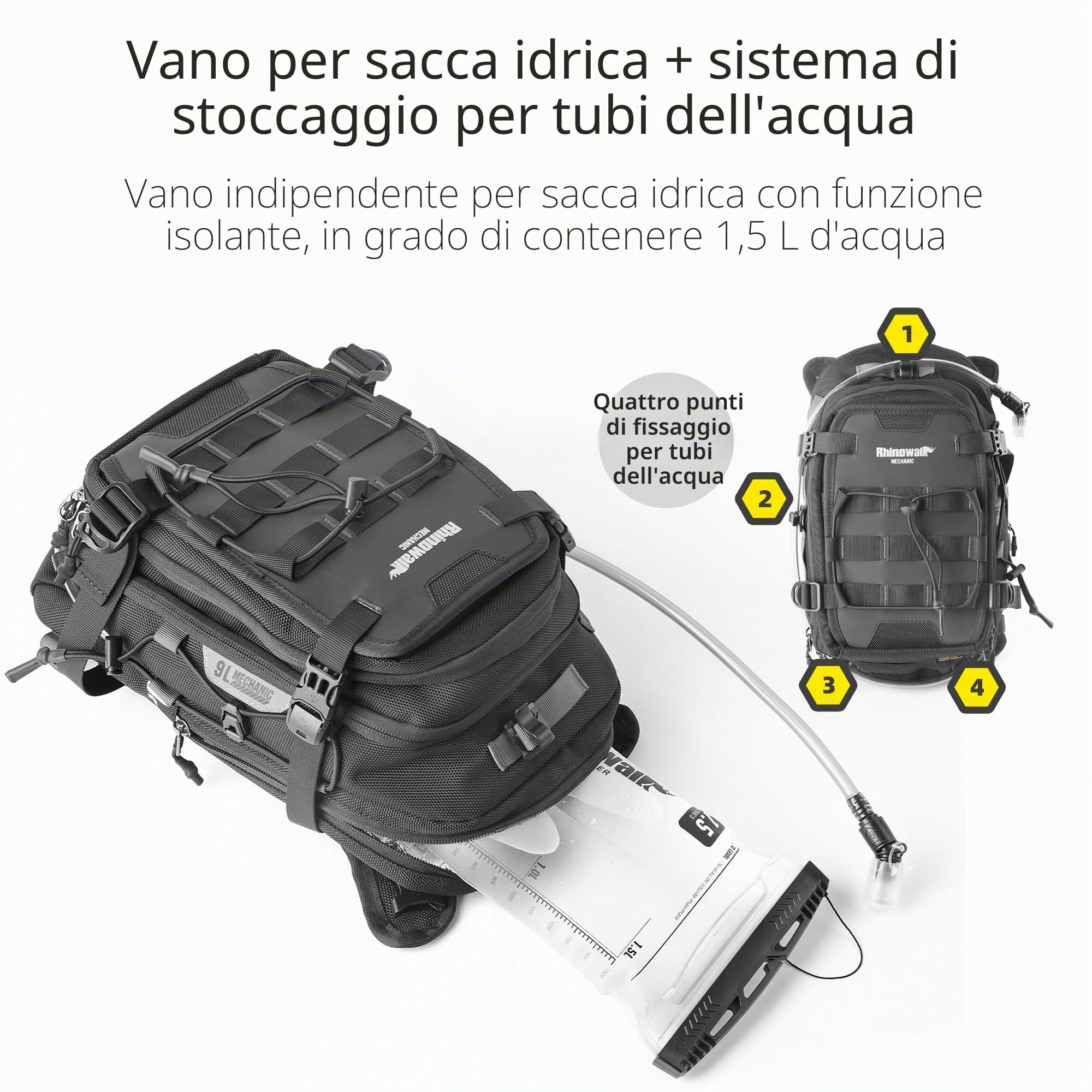 Rhinowalk, zaino per serbatoio moto, borsa per acqua separata, borsa a sacco con sistema MOLLE, si adatta alla maggior parte dei telai di moto da avventura e sport
