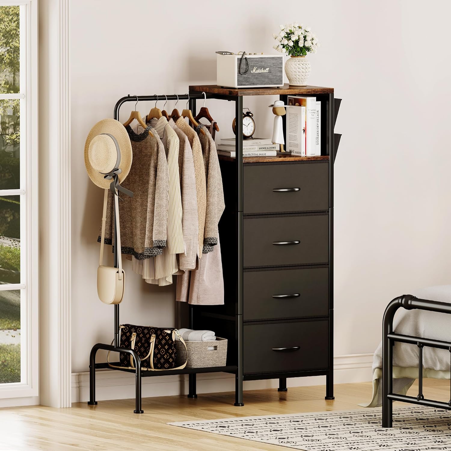 Homeiju Dresser with Hanging Rack, Reversible Dresser for Bedroom with 4 Drawers & Coat Rack & Side Pockets, Chest of Drawers with Clothes Rack, Kids Dressers for Bedroom, Black