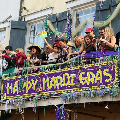 Miniatura 6 de Probsin Cartel de Mardi Gras de 120 x 20 pulgadas, decoración para patio, decoración de Nueva Orleans, suministros para fiestas de máscaras, corona