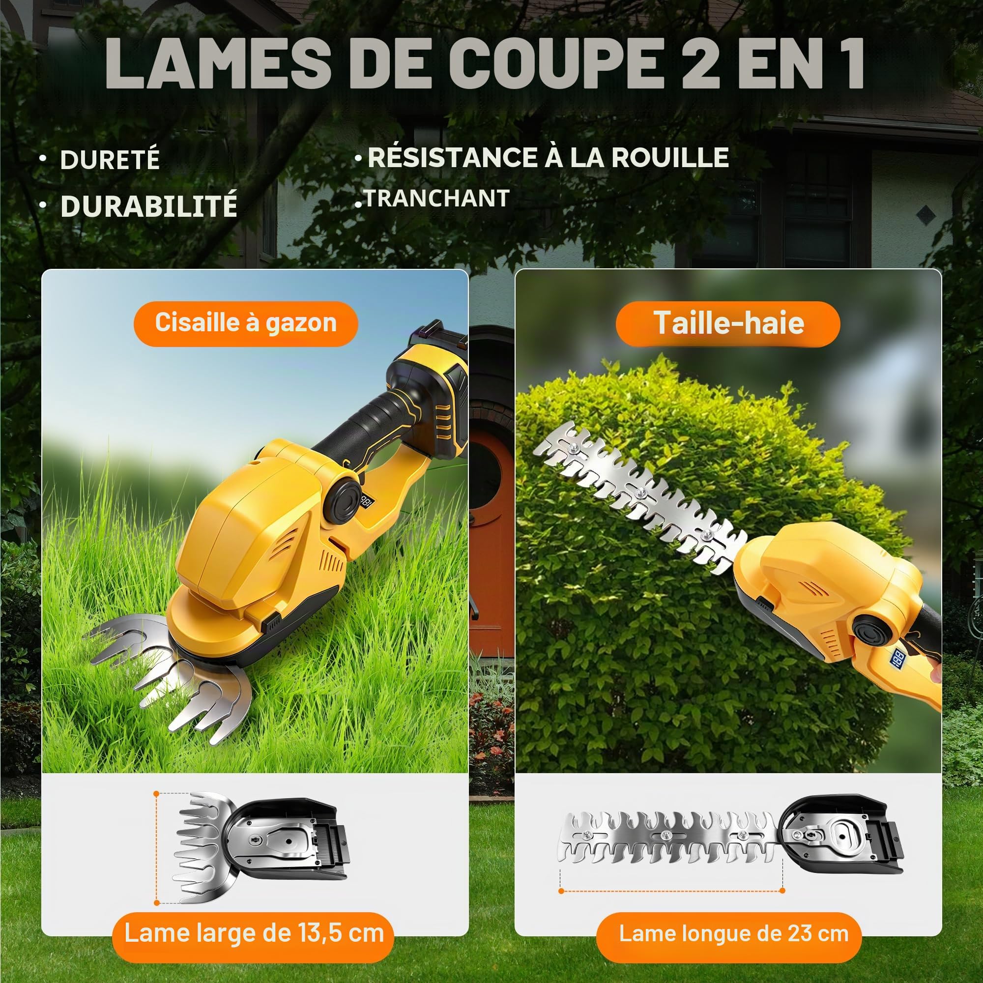 KingSom Taille Haie Batterie, Taille-Herbes sans Fil avec Batterie 21V et Chargeur, 2 Lames, Cisailles à Gazon avec Afficheur Batterie, Taille Haie Électrique Tête Réglable pour Jardin, Coupe Bordure