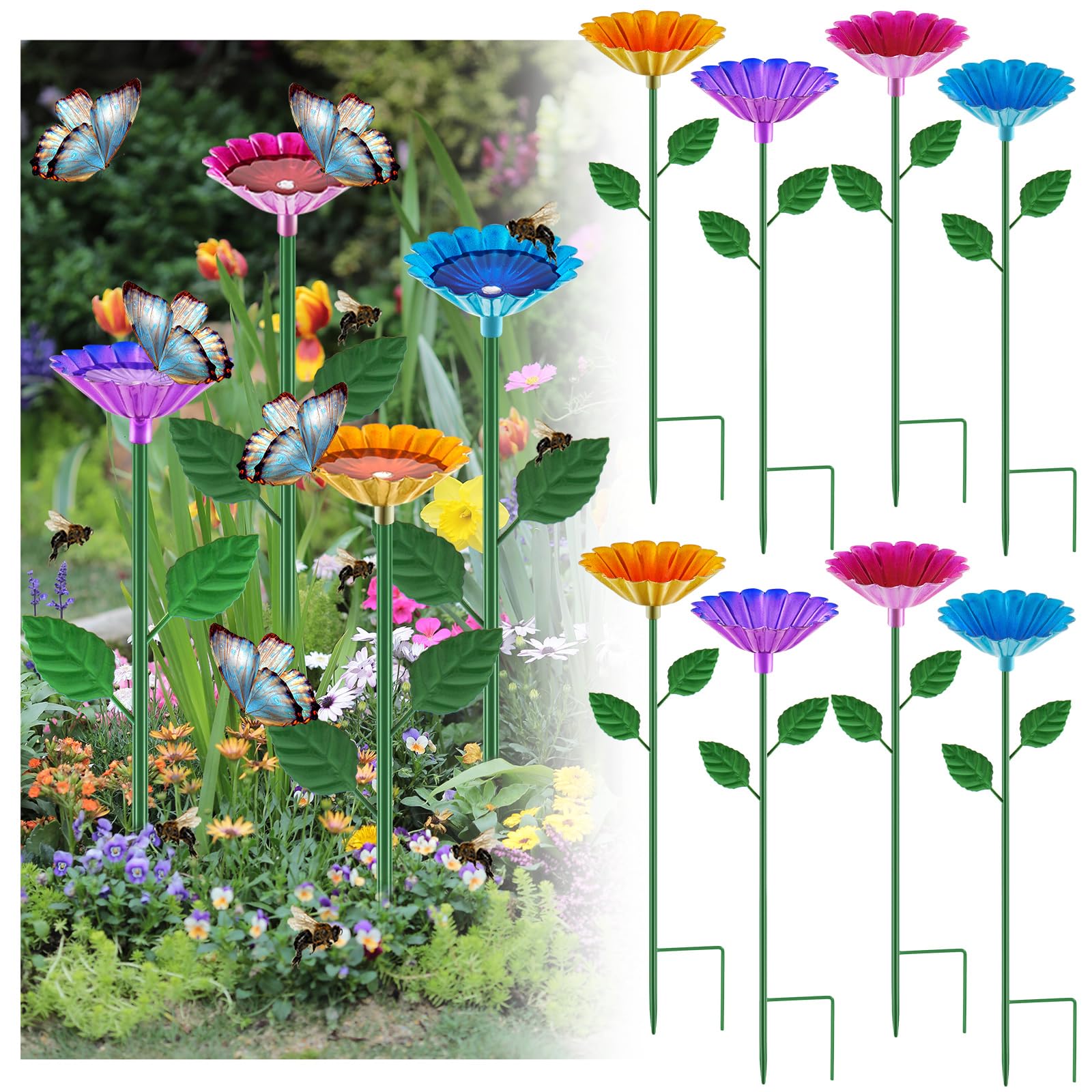 8 Pcs Large Bee Watering Station 25 x 2.6 Inch Metal Vivid Flower Bee Water Feeder for Garden Butterfly Feeders for Outdoors Colorful Butterfly Bath