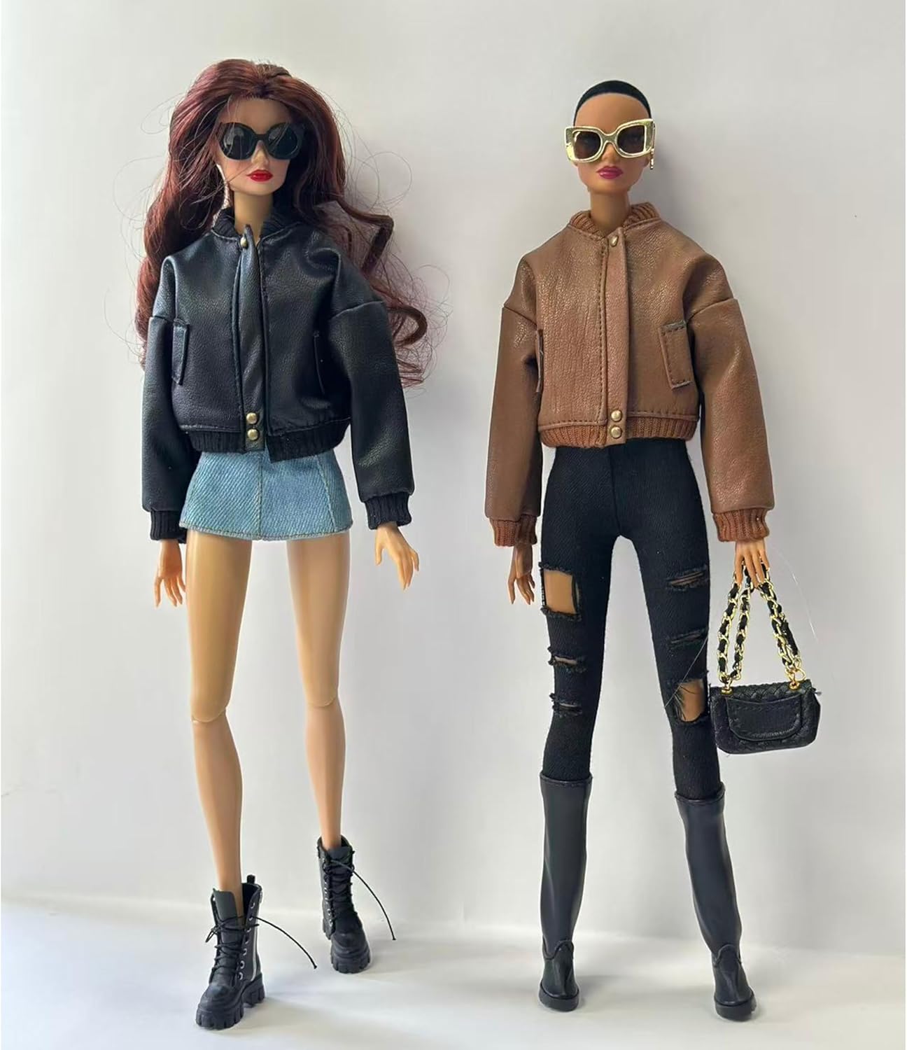 Fashion Doll Outfit Set, Bomber Jacket with Combat Boots and Chain Bag, for 11.5-12 inch Dolls, 1/6 BJD (Brown Bomber Jacke)