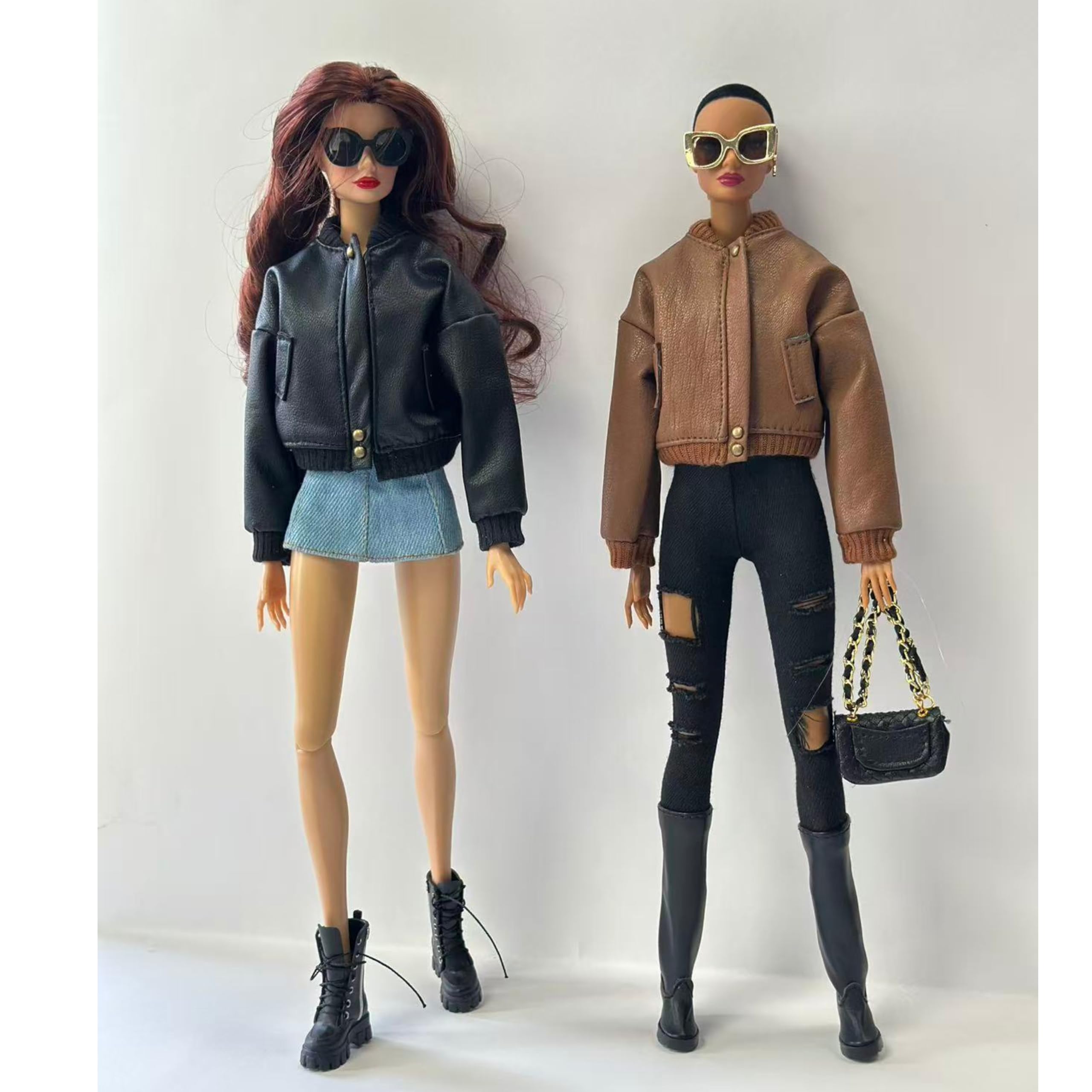 Conjunto de ropa de muñeca de moda, chaqueta de bombardero con botas de combate y bolsa de cadena, para muñecas de 11.5 a 12 pulgadas, BJD 1/6 (chaqueta bomber marrón)