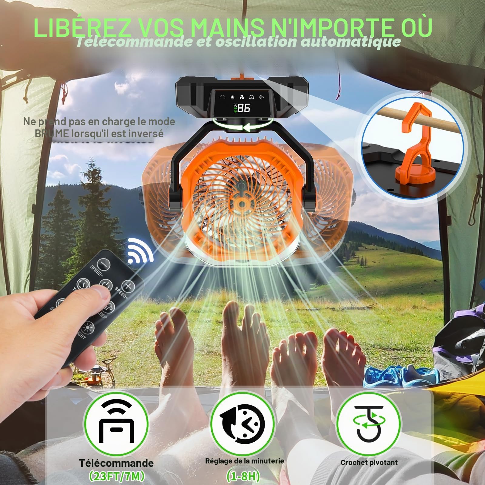 Multper 20000mAh Ventilateur Brumisateur Portable, Ventilateur Portable Rechargeable avec Réservoir d'Eau 360ML, LED, Télécommande, 5 Vitesses, Ventilateur USB Silencieux pour Camping, Bureau, Maison