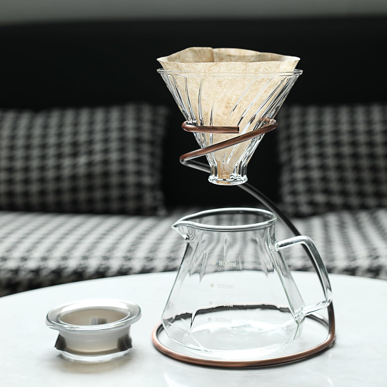 Pour Over Coffee Maker Set，20oz/600ml Pour Over Coffee Dripper & Glass Lid，Metal Dripper Stand and 100 Count Paper Coffee Filters，4 in 1 Set for Home or Office, lucency