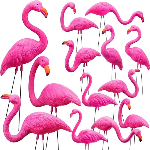 JOYIN Paquete de 13 decoraciones de patio de flamencos rosados, estacas de adorno de flamencos de plástico, decoración de fiesta de flamencos con