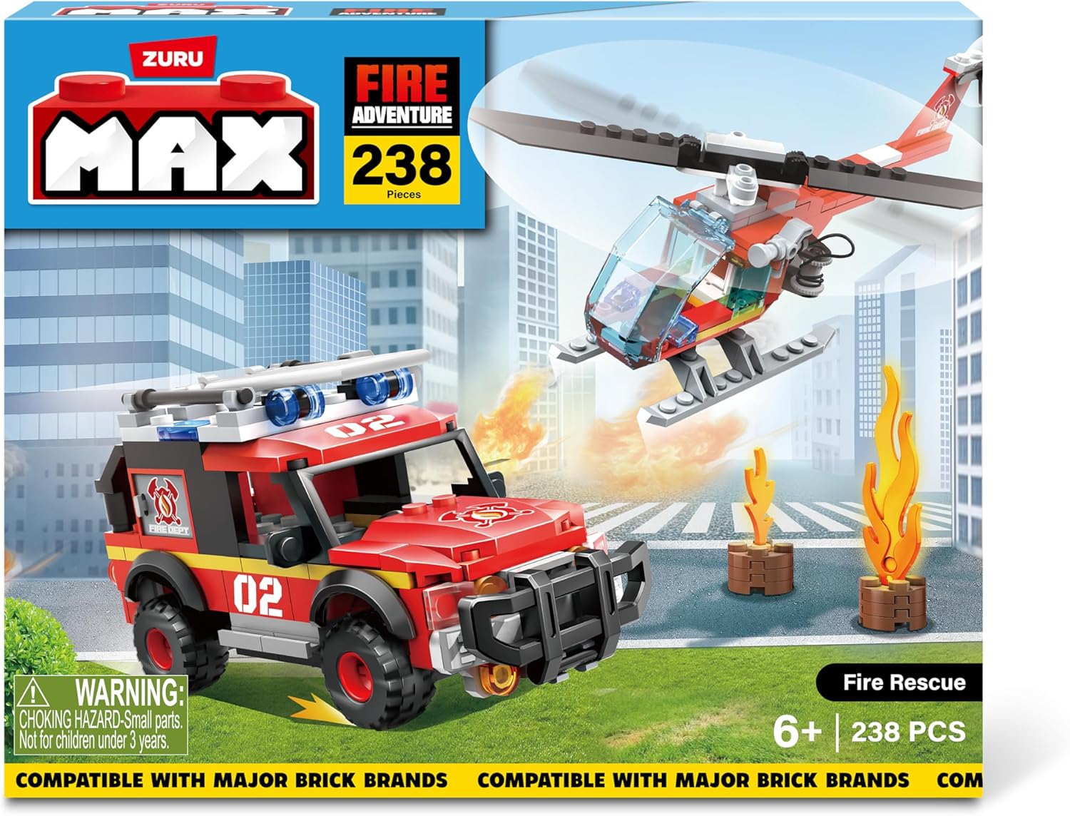 Assembled fire truck and helicopter