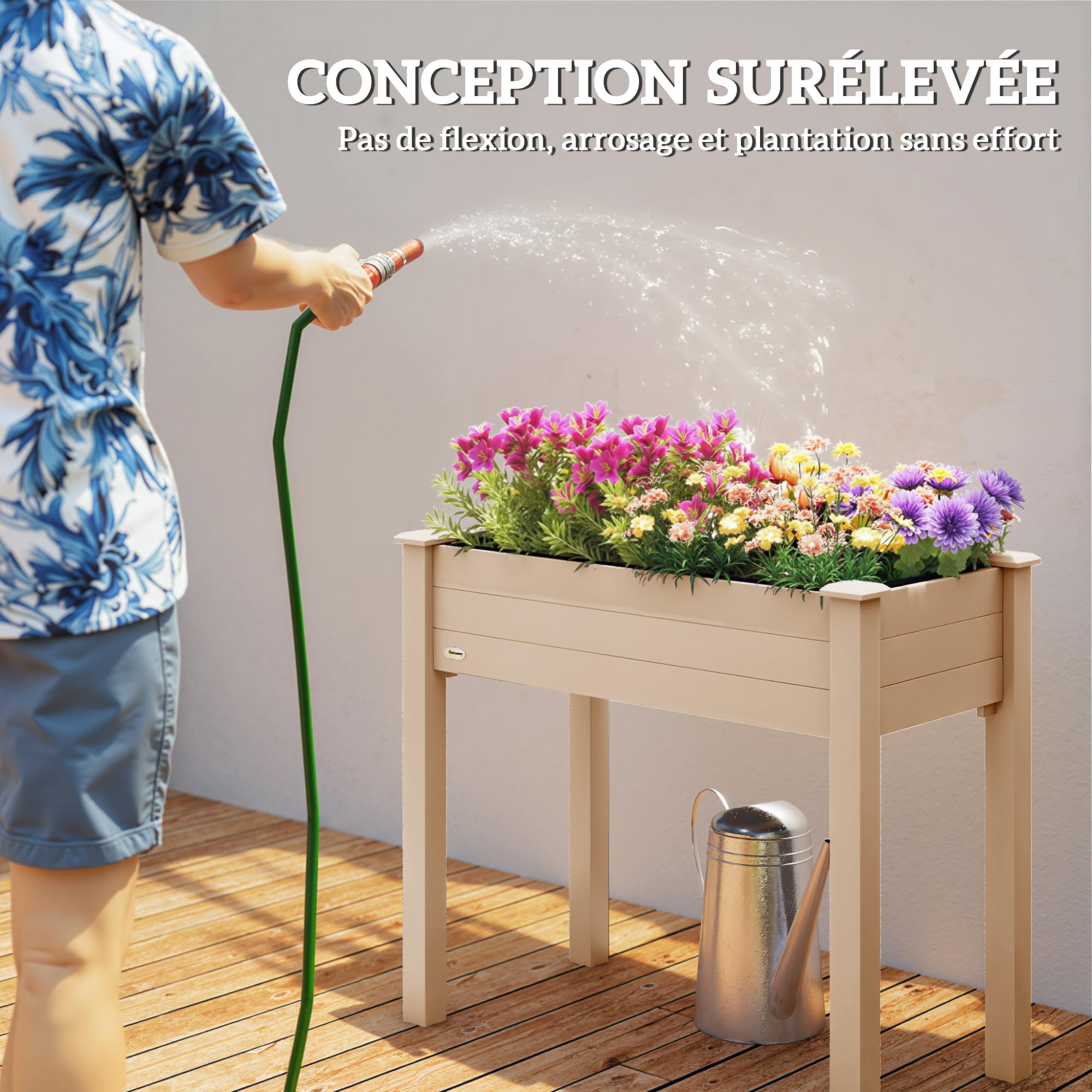 Outsunny Jardinière sur Pieds Potager dim. 86L x 46l x 76H cm Inserts d'irrigation + Feutre de Drainage Inclus Bois Massif Sapin, Effet Bois Naturel