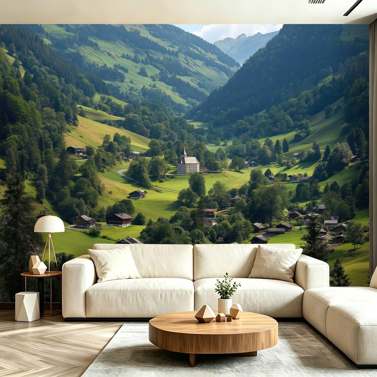 Panoramiczna tapeta 3D Ranch Valley plakat z europejskim kościołem, 400 x 280 cm (dł. x wys.) Tapeta ścienna z włókniny do salonu dziecięcego Sofa dekoracja tła TV, zielona