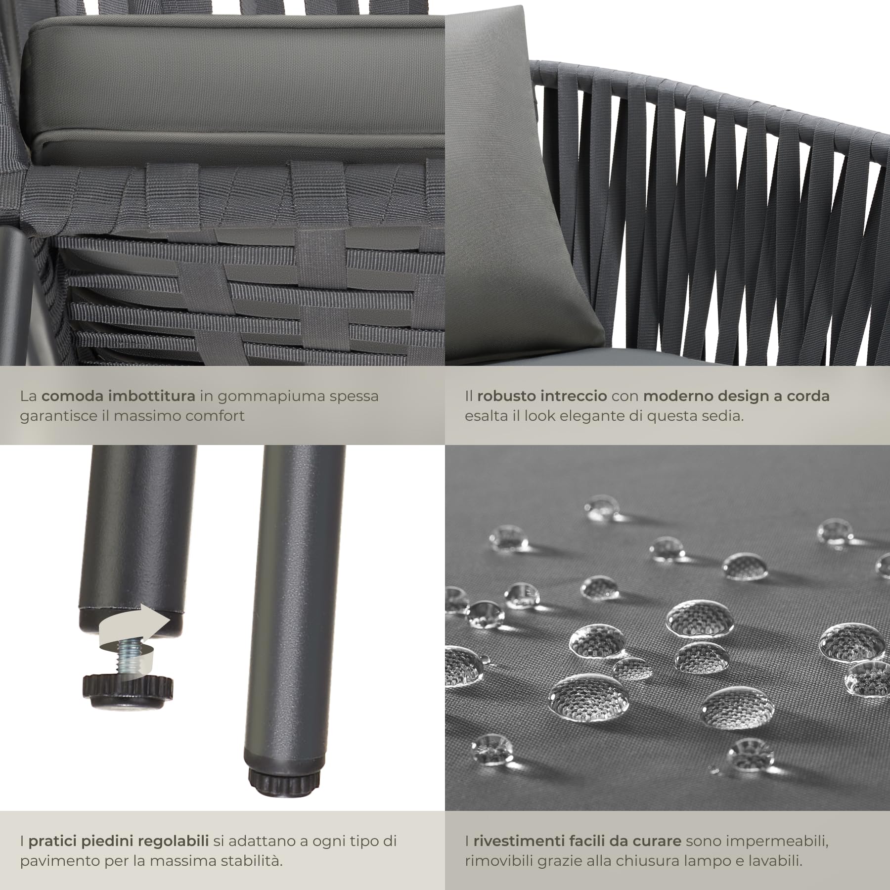 tectake® Set di 6 Sedie, Design a Corda Intrecciata, Struttura in Acciaio Verniciato, Cuscini Extra Spessi, Rivestimenti Idrorepellenti e Lavabili, Piedini Regolabili, 60x61x77 cm