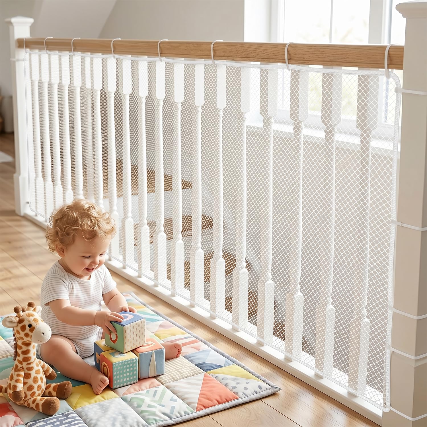 Red de seguridad infantil, rejilla de seguridad para bebés, malla de protección, barandilla, cortina de protección para escaleras y balcón para niños y gatos (2, blanco, 300 x 90 cm)