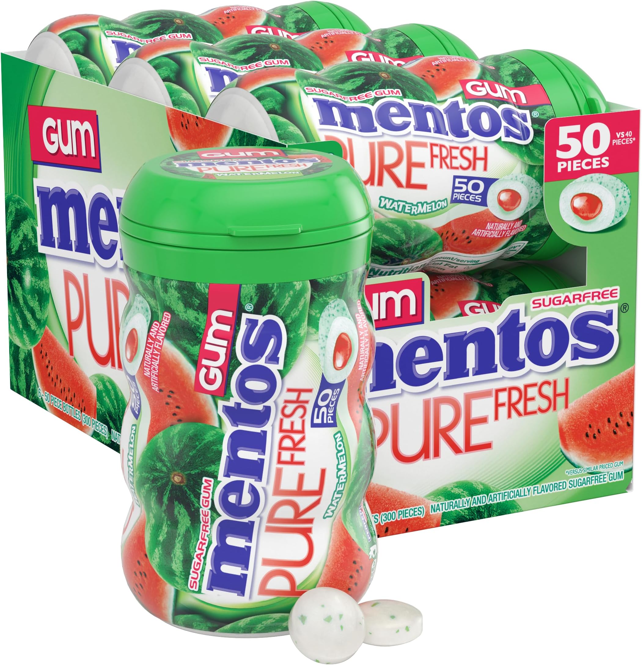 Mentos Pure Fresh Sugar-Free Chewing Gum with Xylitol, Watermelon, Holiday Candy, Bulk, 50 Piece Bottle (Pack of 6)