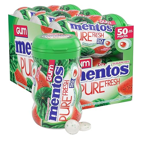 Goma de mascar Mentos Pure Fresh, sin azúcar con xilitol, sabor Watermelon, para dulces de Halloween, 50 piezas por botella (paquete de 6)