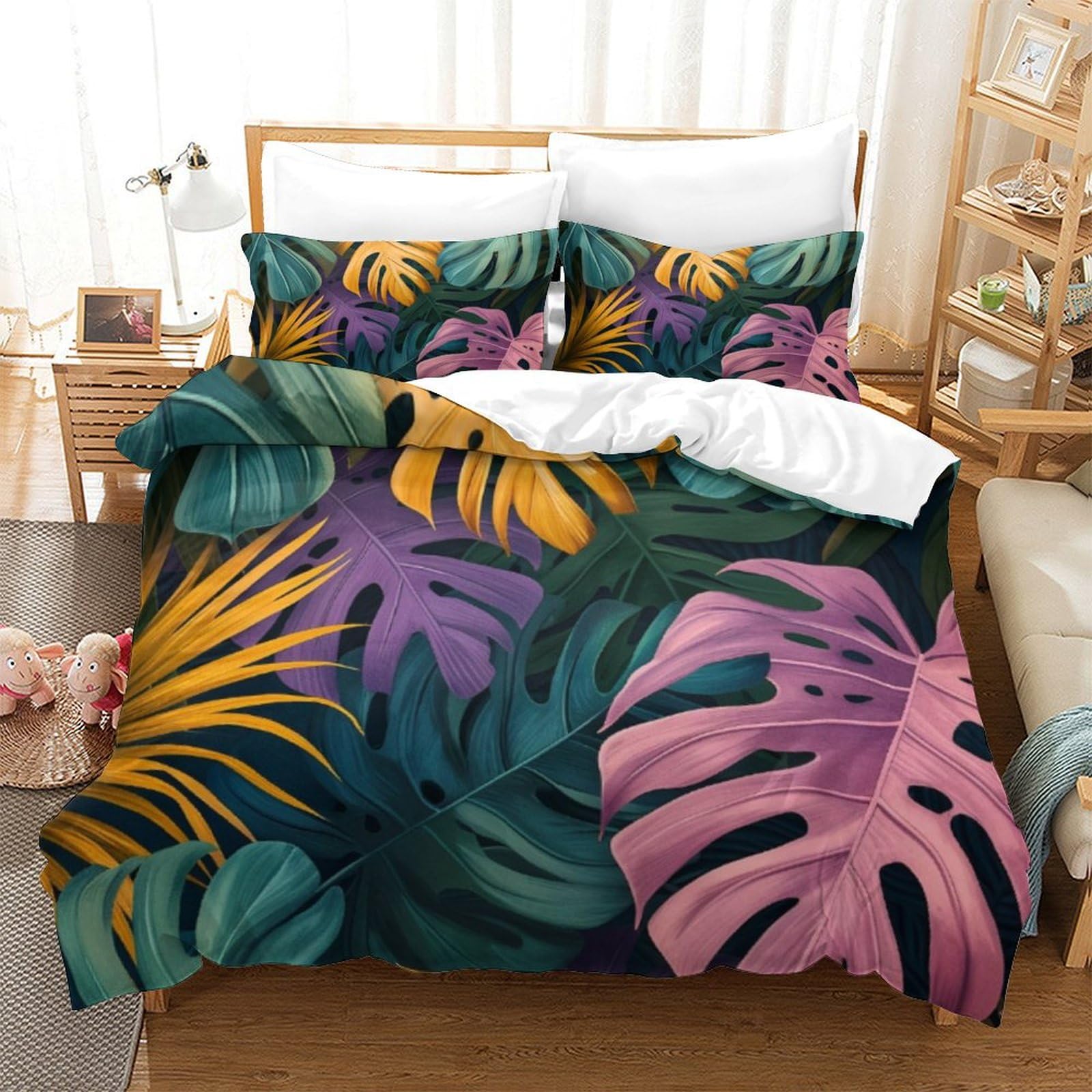 Parure de lit feuilles tropicales microfibre respirante anti-plis housse de couette 260x220cm