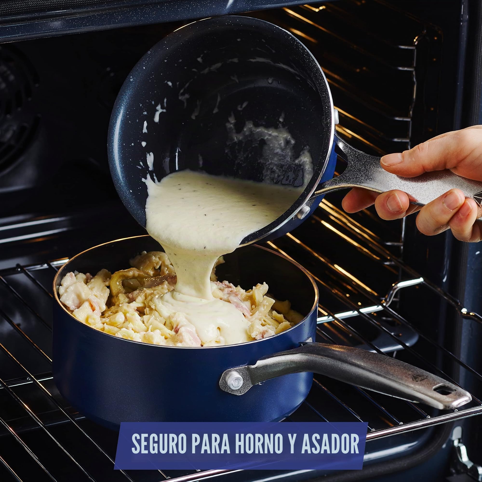 Blue Diamond Cookware Batería de Cocina Antiadherente de Ceramica Infuso de Diamantes, 7 piezas, Incluye Sartén, Cacerola, Aluminio, Sin PFAS, Inducción, Horno y Lavavajillas, Azul