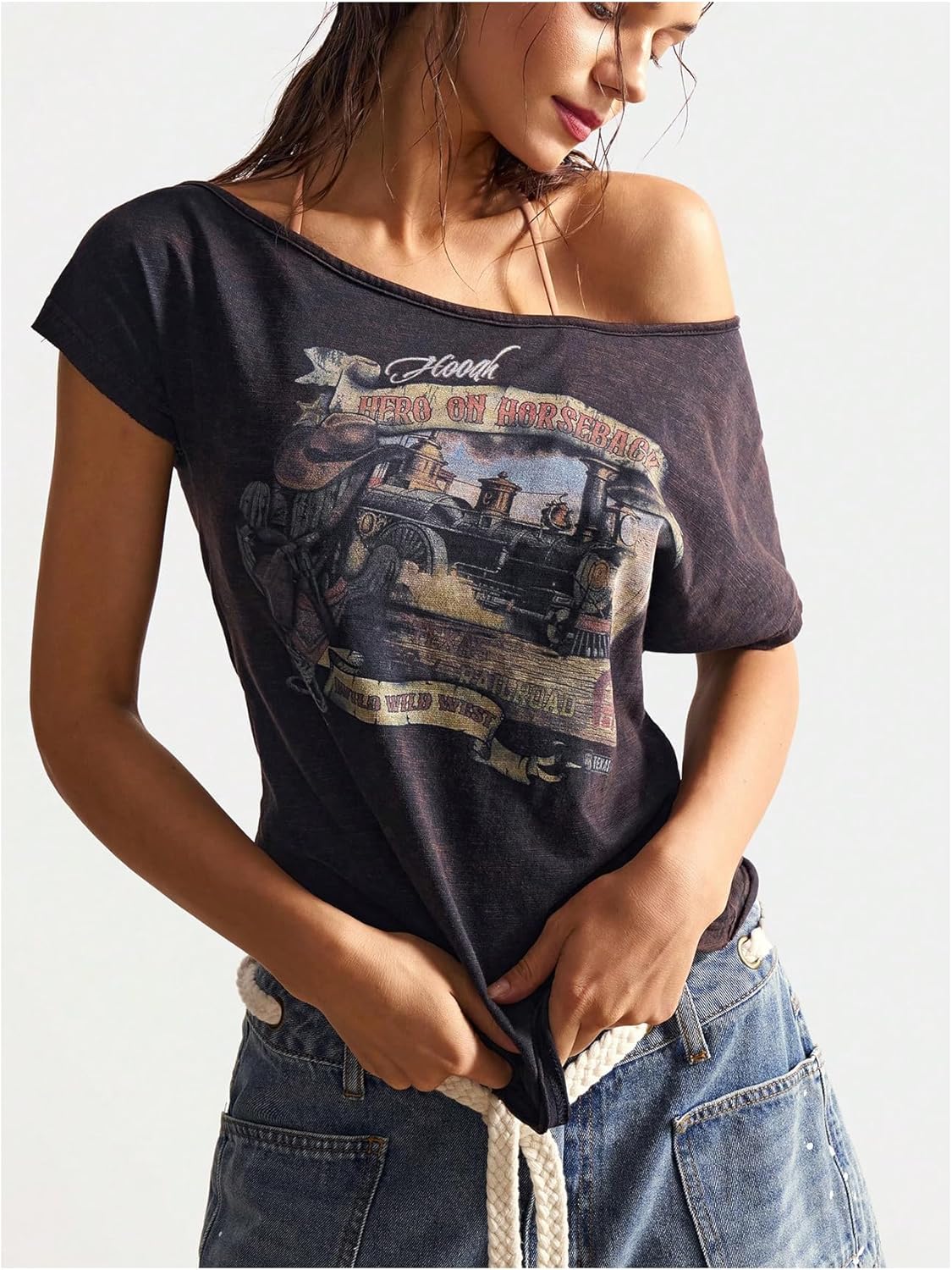 OYOANGLE Women's Off The Shoulder Graphic Tees Vintage Printed Short Sleeve Tshirts Streetwear - Image 3