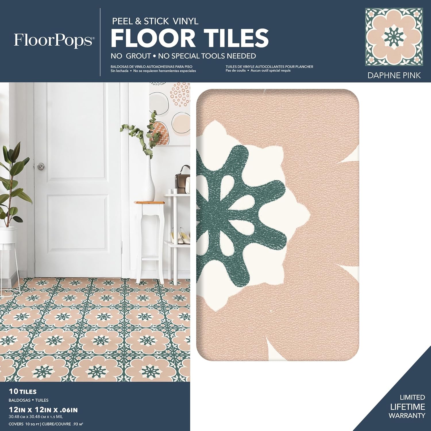 FloorPops 12-in by 12-in Pink Daphne Vinyl Peel & Stick Floor Tiles (10 Tiles), (10 sq.ft./Carton)