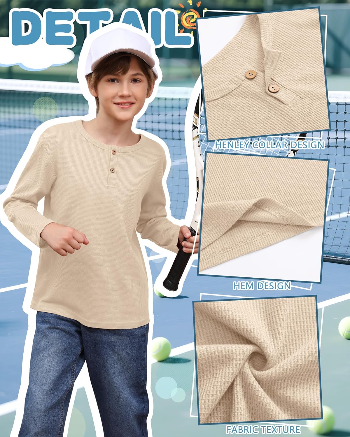 3 Pack Boy's Henley Long Sleeve Shirts Waffle Thermal Tops 5-14 Years Cotton Blend Knit Sweatshirt for School - Image 5