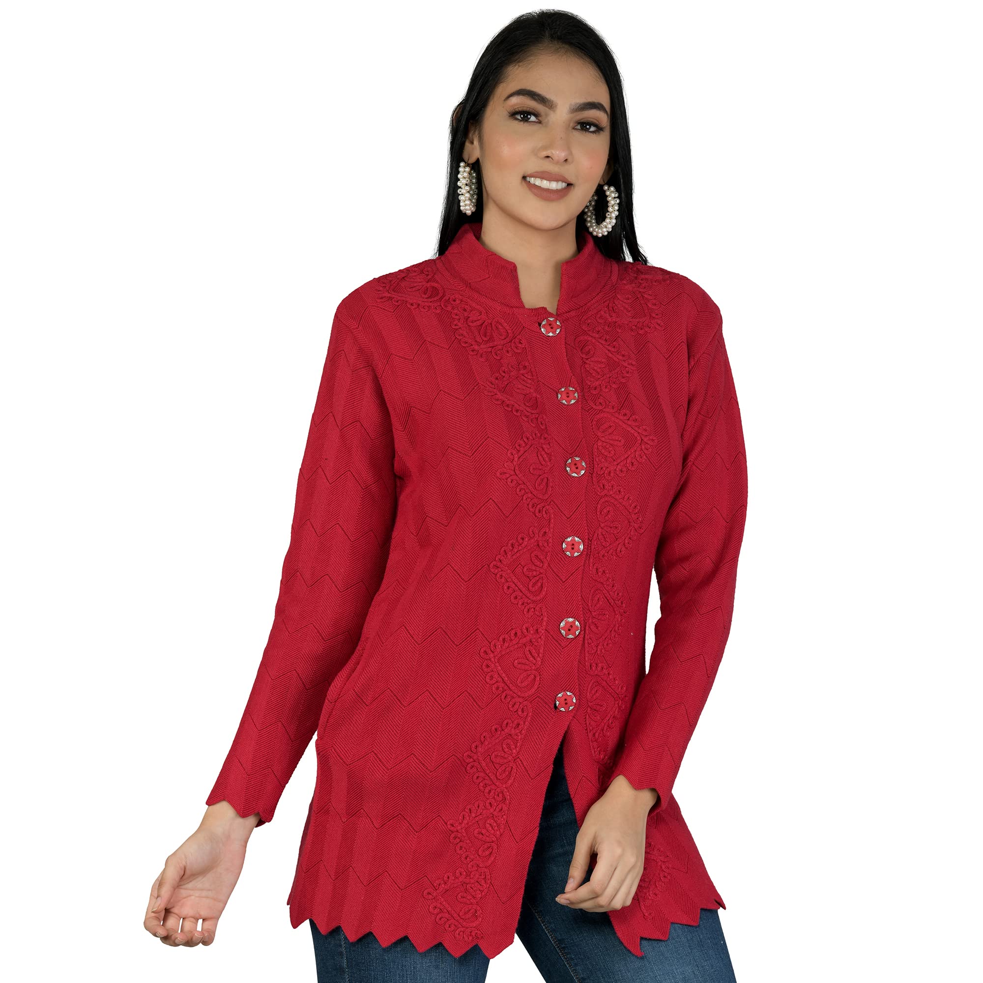 Women Woolen Round Neck Cardigan Sweater Heavy Front Long Kadai Cardigan Winter Wear Pure Wool Cardigan for Women Free Size Cotty Warm Cardigans with Side Pockets (M, Magenta)-image-15