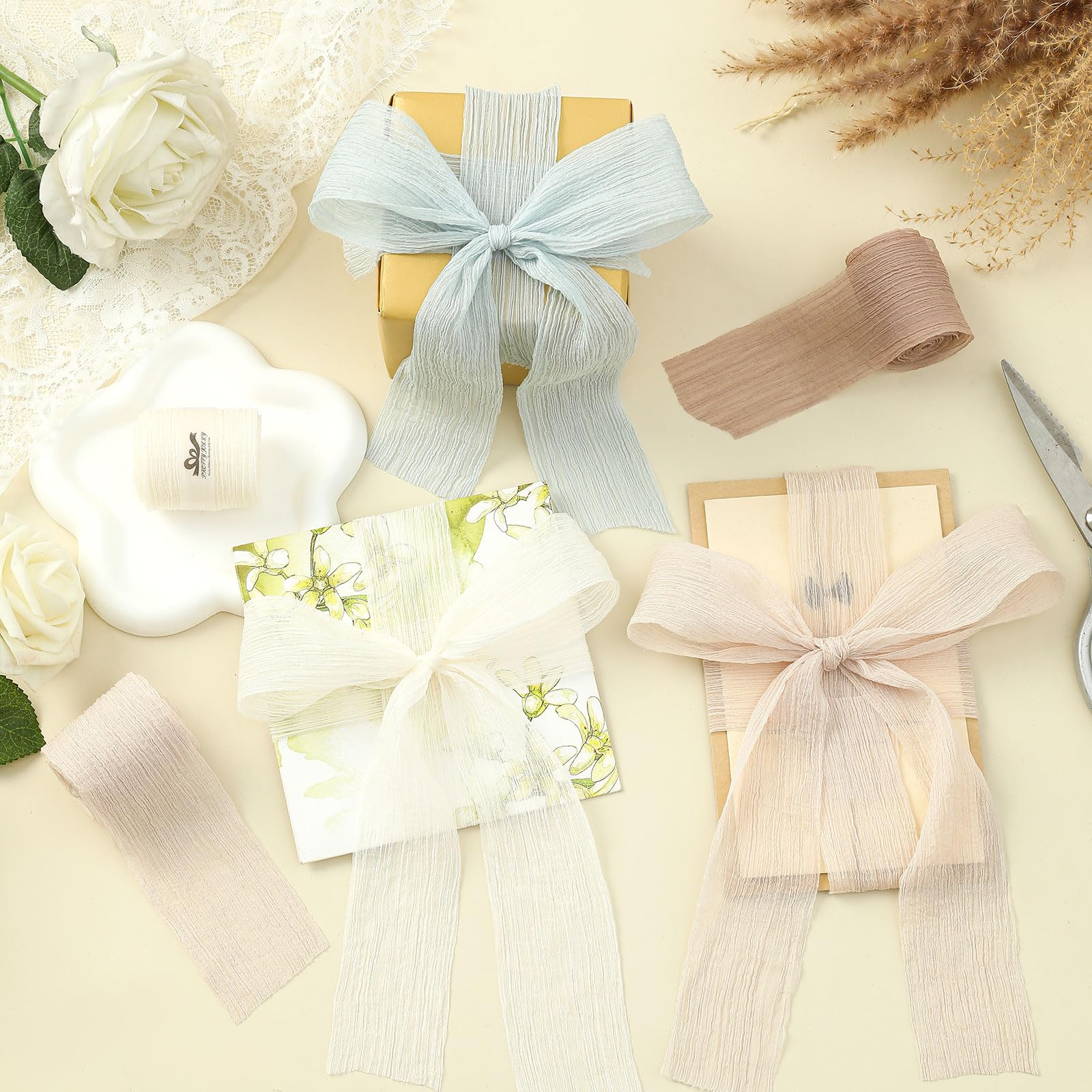 Pretty Jolly Crinkle Chiffon Ribbon for Flower Bouquet 2 Inch Beige Tulle Ribbon for Gift Wrapping Handmade Silk Ribbon 9 Yards Double Faced Ribbons for Crafts Hair Wedding Invitation Baby Shower - Image 4