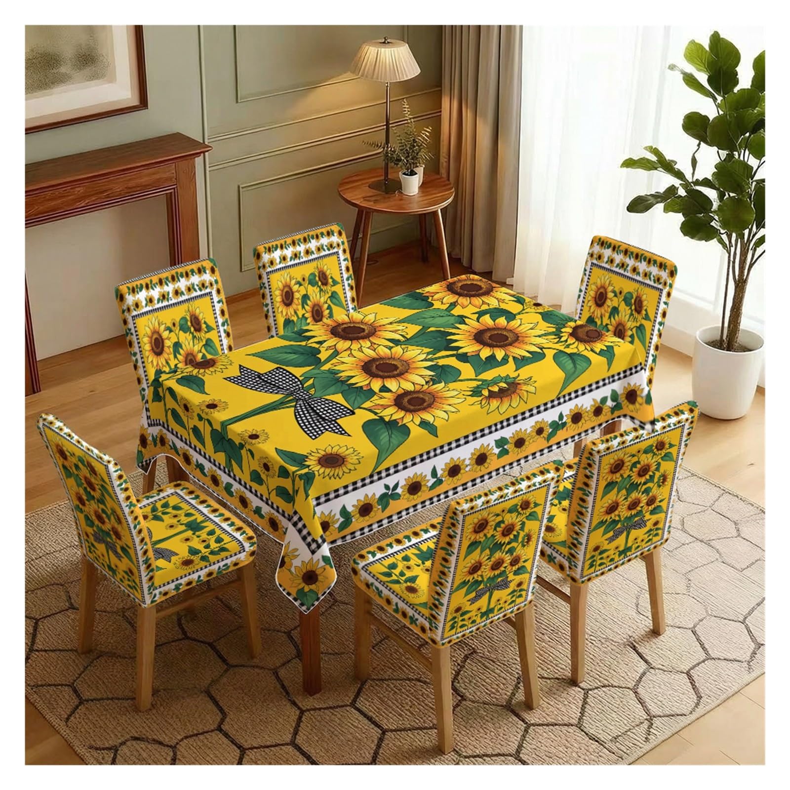 KXUAUV Sunflower Print Stretch Dining Chair Covers & Tablecloth Set, 5/7 Pack Party Decor(7pcs Set: Tablecloth+Chair Covers)