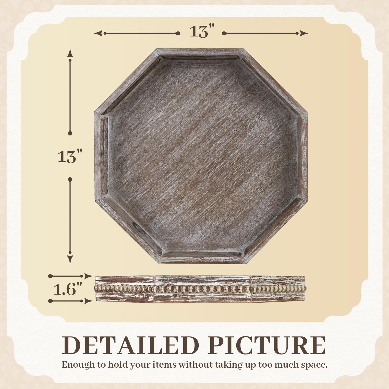 Bandeja decorativa de madera, bandeja pequeña para servir con cuentas de madera, bandeja grande de granja para otomana, encimera, mesa de café, 13 x 13 x 1.6 pulgadas (marrón retro)
