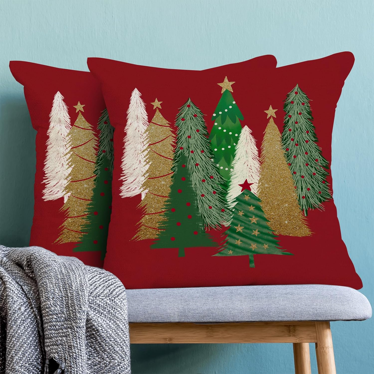 AEIOAE Christmas Pillow Covers 24x24 Inch Set of 2 Colorful Christmas Tree Throw Pillows Case, Stars Holiday Outdoor Decorative Farmhouse Winter Red Decor Cushion Covers for Home Sofa Bed Couch