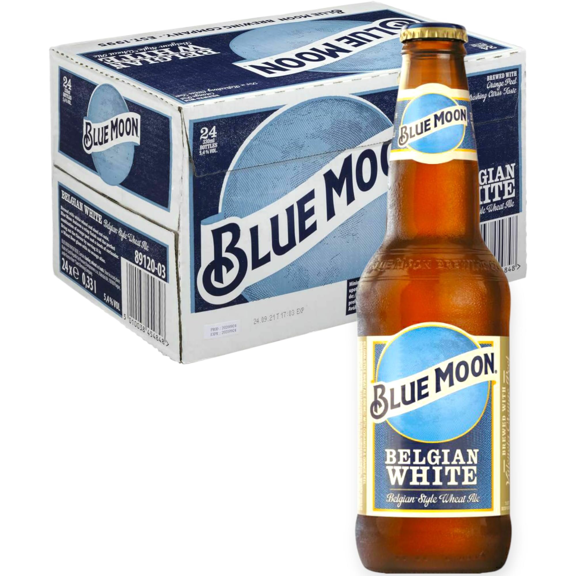 Blue Moon Bier 24 x 0,33l–Der belgische Witbier-Klassiker aus den USA mit 5,4% Vol.- Inkl. Haus der Biere Berlin Bierdeckel