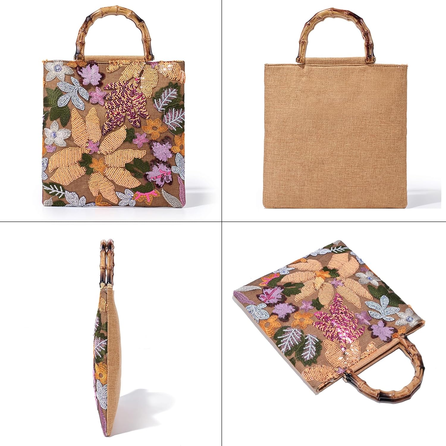 Sequin Embroidered Tote Bag, Floral Top Handbag Beaded Clutch Evening Purses - Image 5