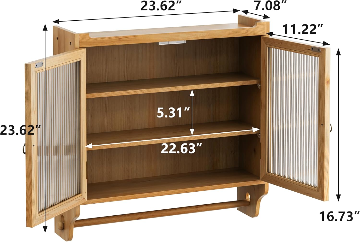 Retro Style Haze Double Glass Door Wood Wall Cabinet with Detachable Shelves for Office, Dining Room,Living Room, Kitchen and Bathroom Natural