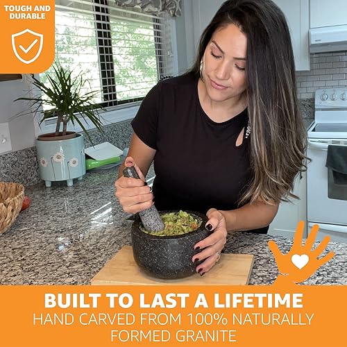 Miniatura 2 de Juego de mortero y mortero extra grande, tallado a mano en granito natural, para hacer guacamole fresco, salsa, pesto, tazón de molinillo de piedra,