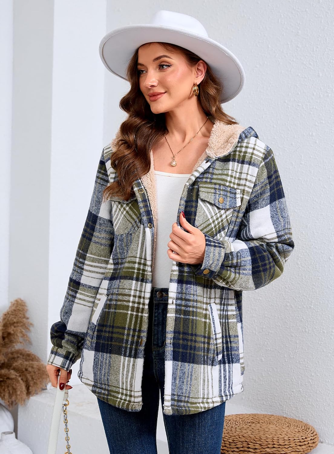 Elesuit Women's Fleece Flannel Jacket Plaid Sherpa Lined Jacket Long Sleeve Button Down Hooded Jackets for Women - Image 5