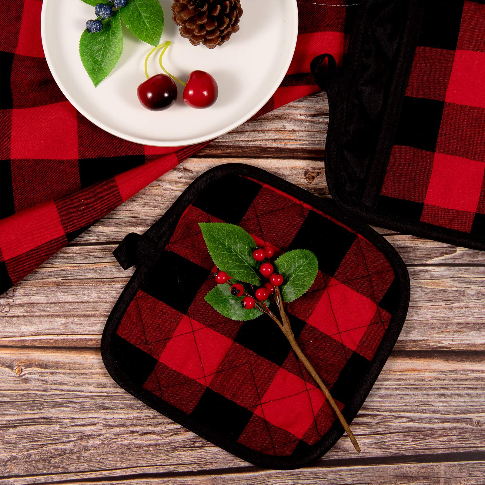 Whaline 6 Stück Buffalo Plaid Hot Pot Holders Cotton Hot Pad with Pocket Reusable Heat Resistant Oven Mint for Kitchen Cooking and Baking (Red Black)