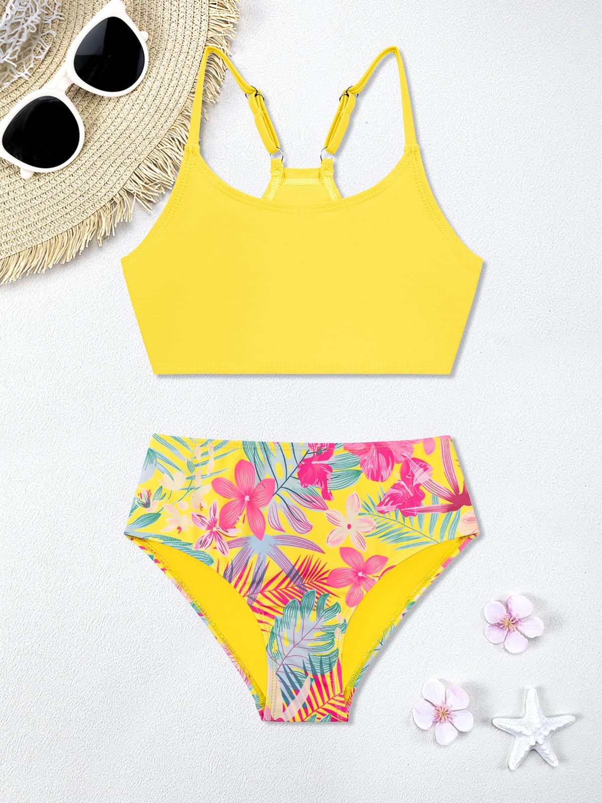 SHEKINI Traje de baño estampado de 3 piezas para niñas, conjunto de bikini de cintura alta con pantalones para cubrir