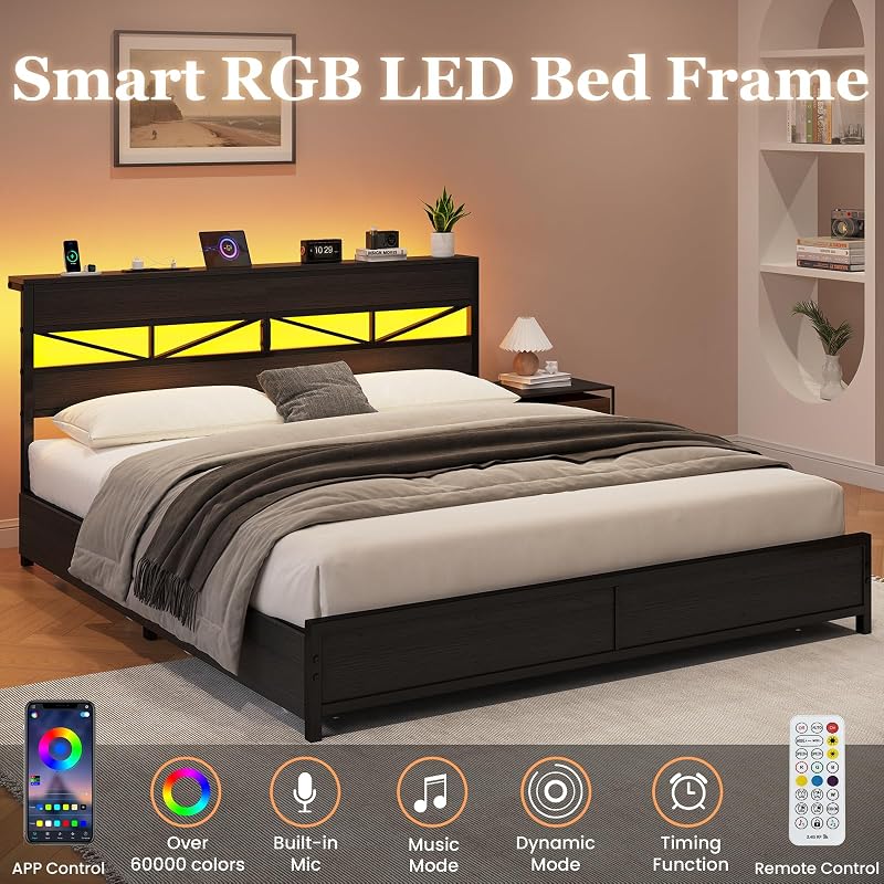 King Size Bed Frame with Storage Headboard and Charging Station, Black image 4