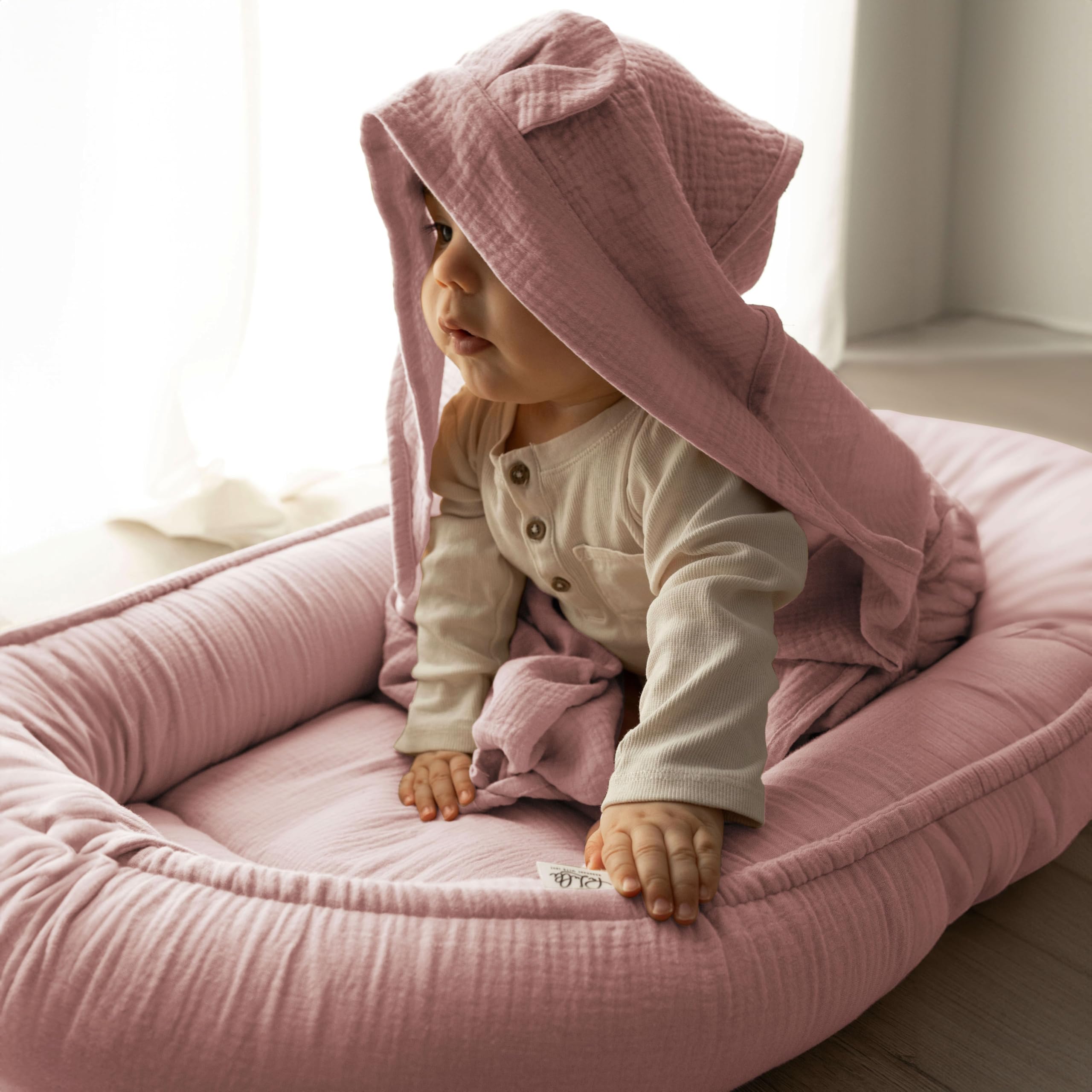 PaLulli Nido para bebé de 100% Muselina de algodón prémium, 100 x 60 cm, Solapa con Cierre de Velcro, Cambiador para Cuna de bebé (Rosa Sucio)