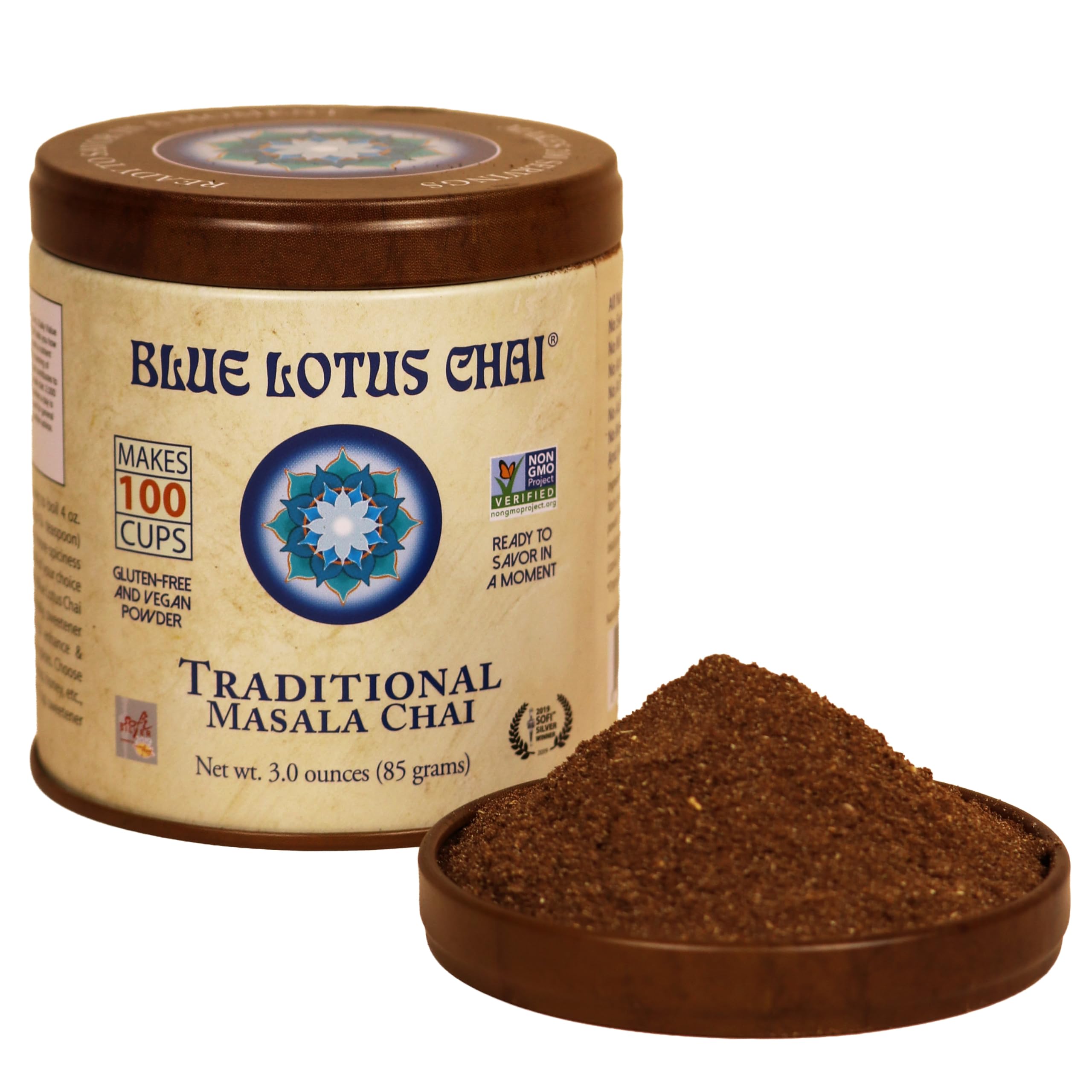 Blue Lotus Chai - Traditional Masala Chai - Makes 100 Cups - 3 Ounce Masala Spiced Chai Powder with Organic Spices - Instant Indian Tea No Steeping - No Gluten