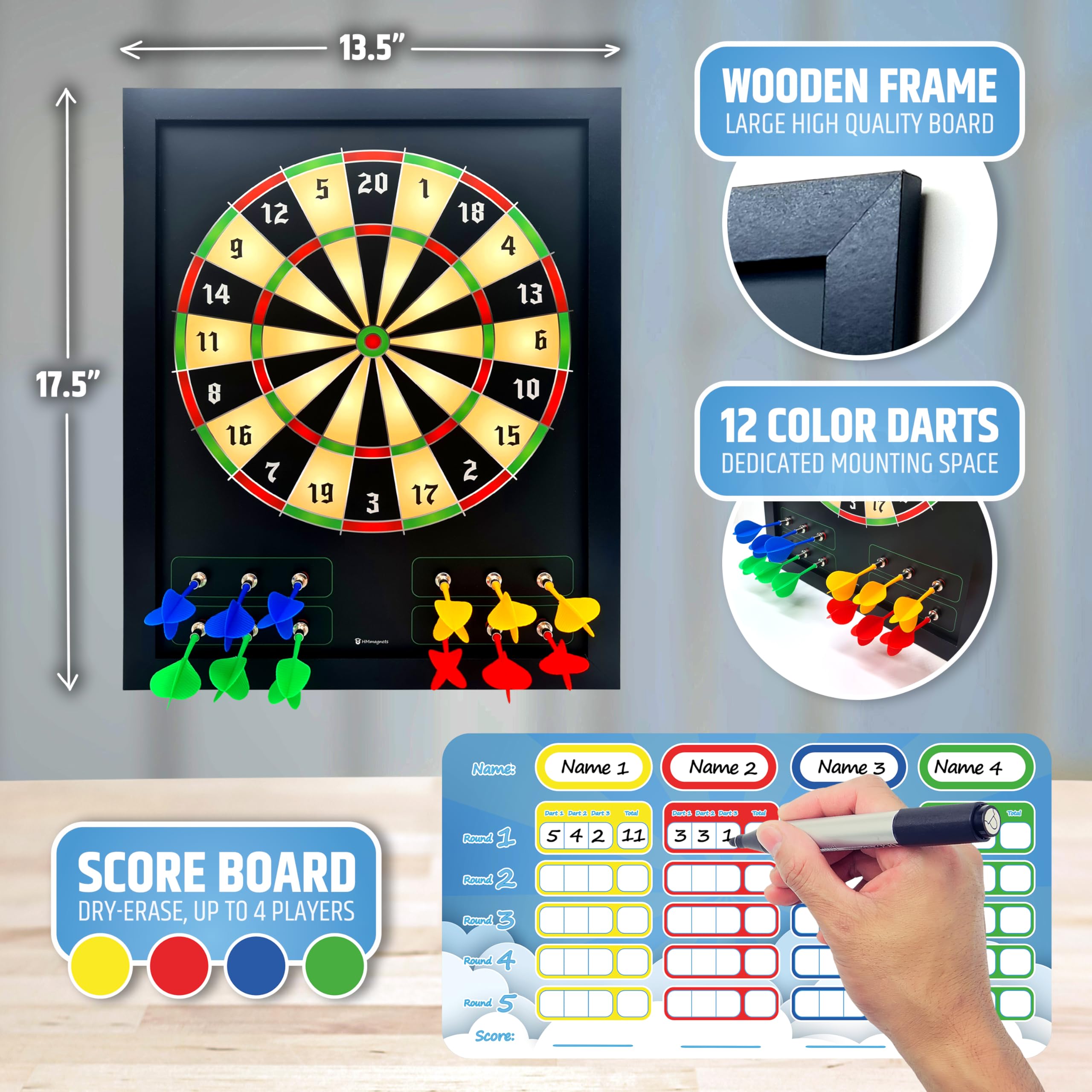 Large & Safe Magnetic Dart Board (Wooden Frame) for Kids & Adults, Fun Game for Up to 4 Players - Image 3