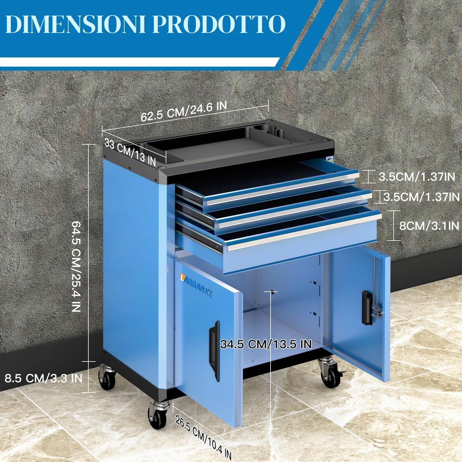 LARBANKE Carrello da officina a 3 cassetti, multifunzione, pieghevole, 4 ruote, asta di collegamento che collega più prodotti in un'unità più grande
