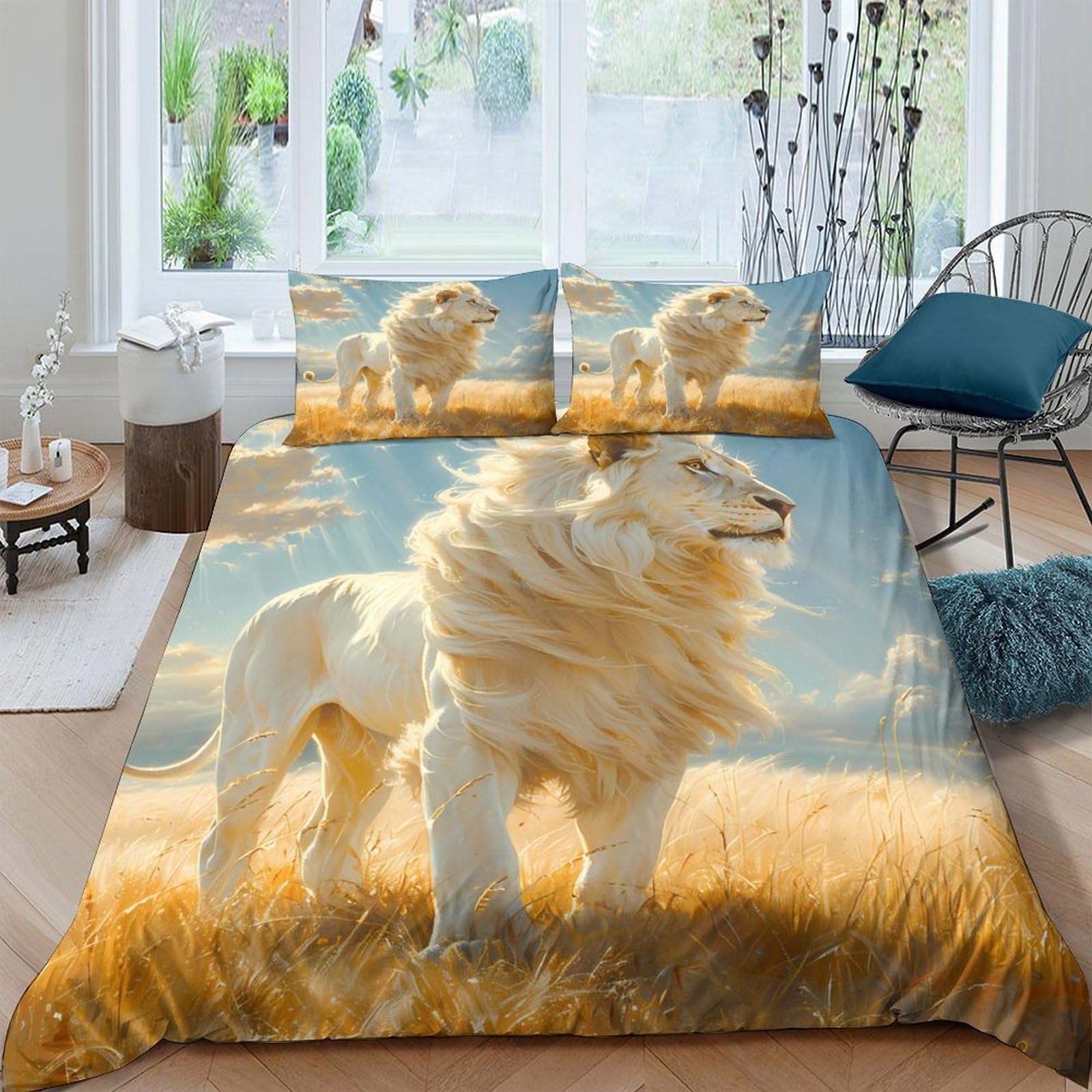 3D Printed White Lion Duvet Cover Set Microfiber Soft Breathable Grassland Quilt Cover with 2 Pillowcases for Bedroom Decor Single（135x200cm）