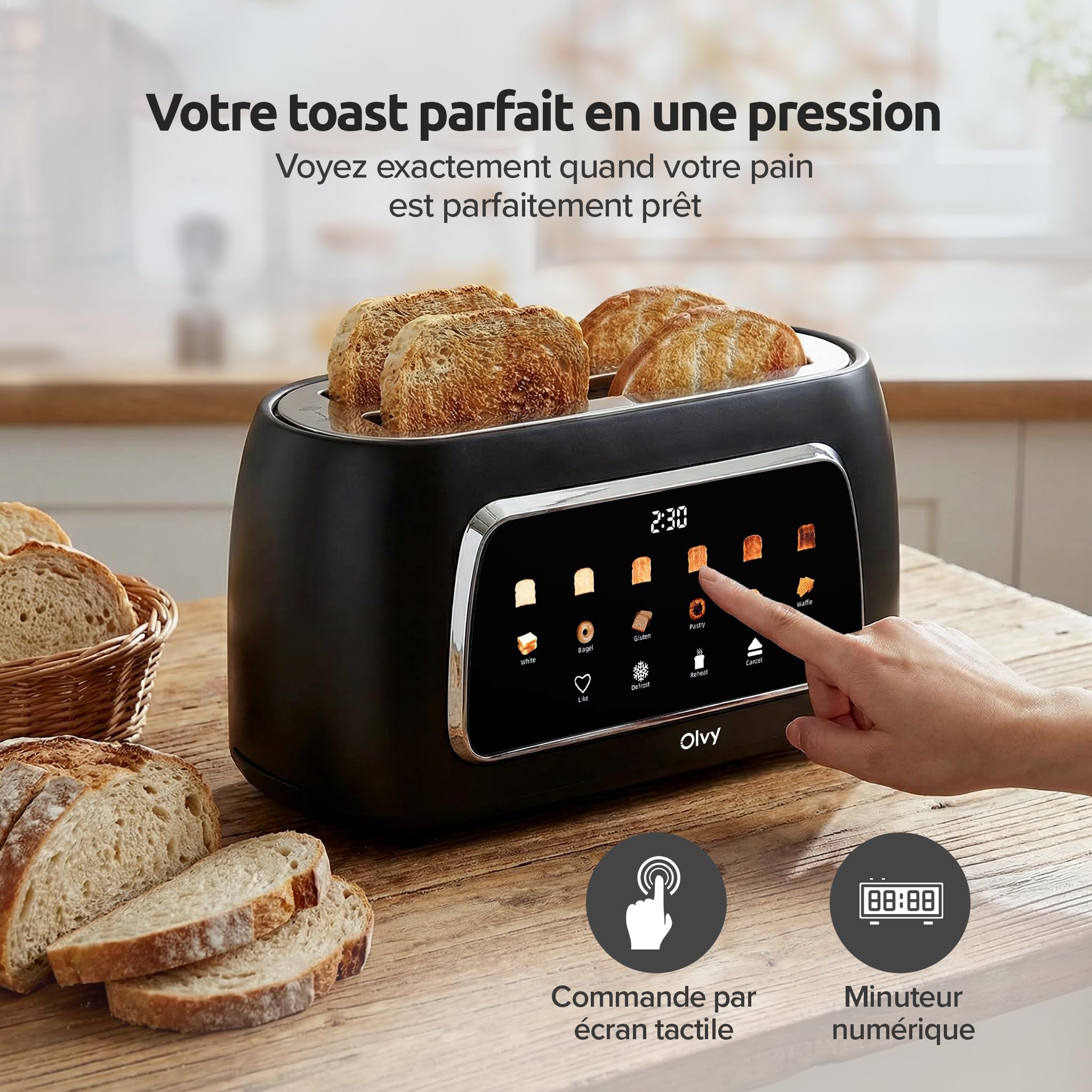 Grille-pain Olvy T-40T à fentes longues – 1500 W, écran tactile LCD avec minuterie, 6 niveaux de brunissage, fonctions décongélation et réchauffage, tiroir à miettes, 4 tranches - 5