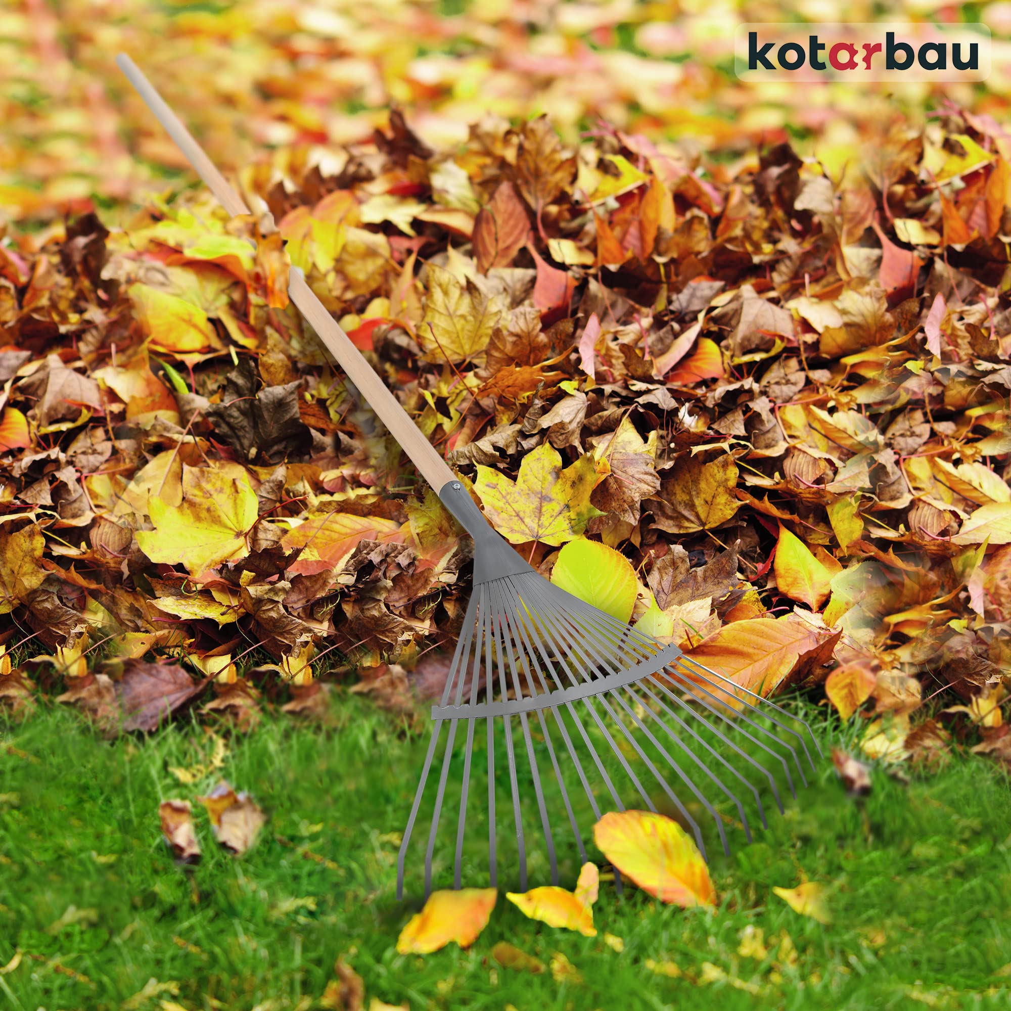 KOTARBAU® Rastrillo Jardín - Acero - 41 cm - Rastrillo Hojas Jardín - con Mango 187 cm - Herramienta Robusta para Jardinería - Gris y Madera Natural